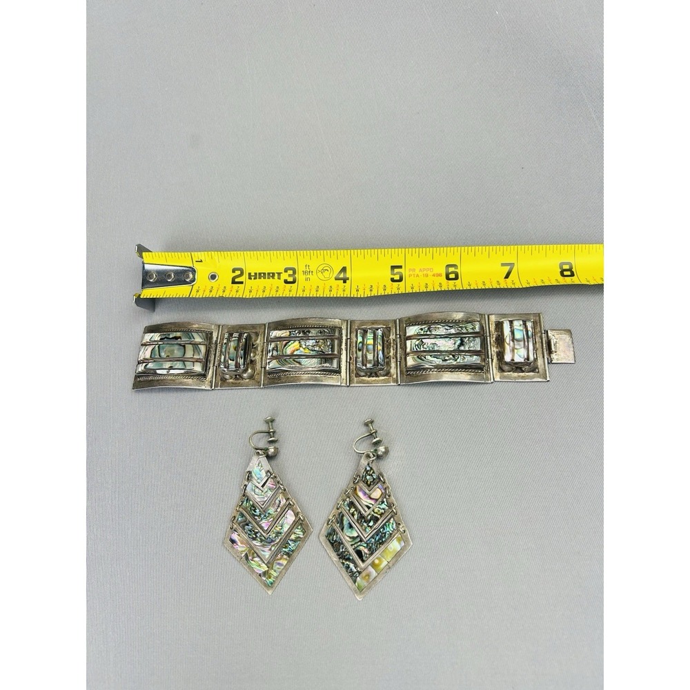 Sterling‎ Silver Set Of Mexican Cuff Bracelet And Dangle Earrings .925 Fan Fan - Picture 3 of 6
